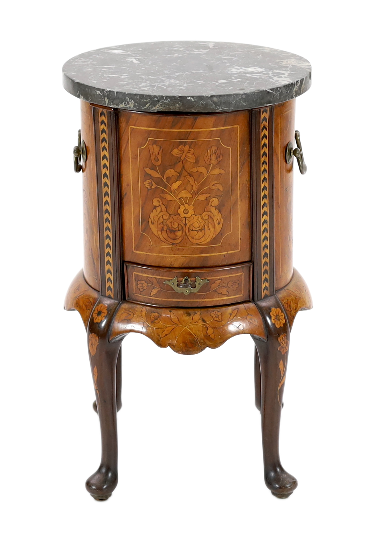 A late 18th century Dutch floral marquetry inlaid walnut wine cooler, 32cm diameter, 55cm high, Please note this lot attracts an additional import tax of 5% on the hammer price